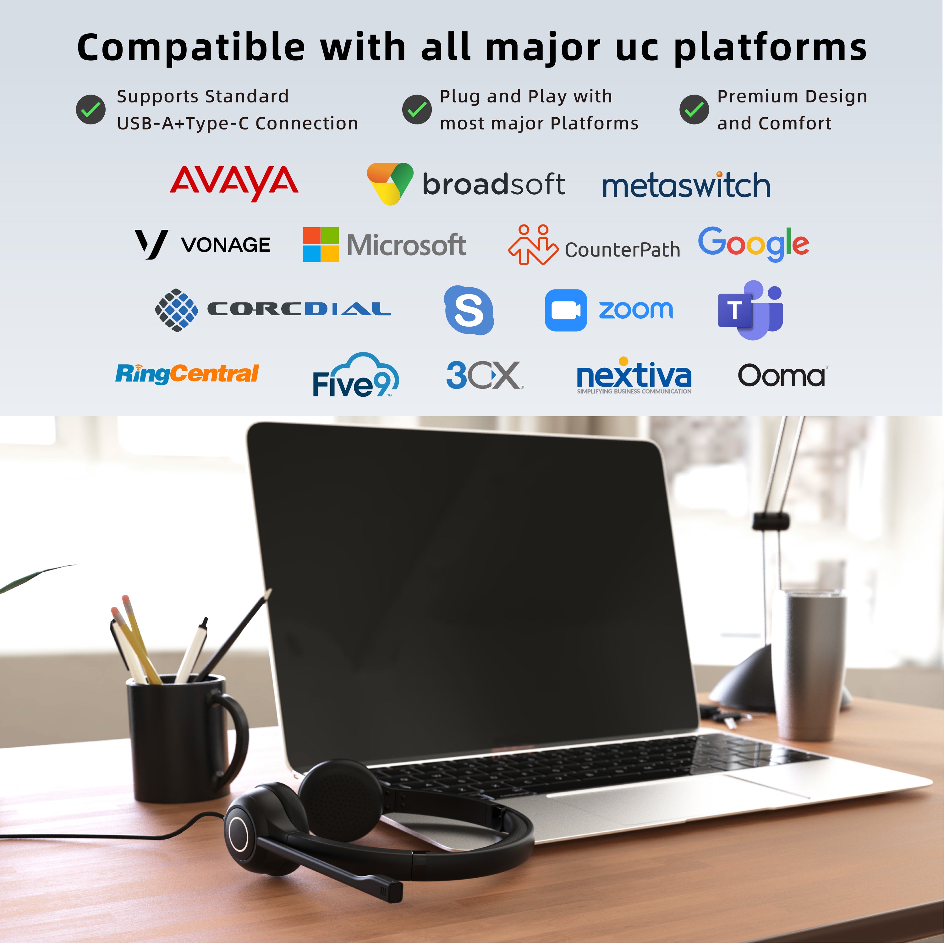 VoicePro 80 Premium Teams Compatible Wired USB Headset with NC Microphone and In-Line Call Control - MPN: T02100