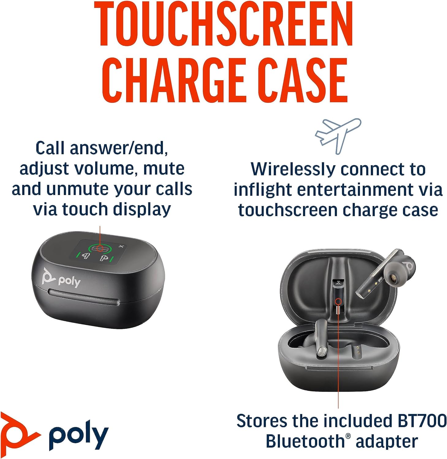 Voyager Free 60+ UC True Wireless Earbuds, Touchscreen Charge Case, USB-C, Black. MPN 7Y8G4AA