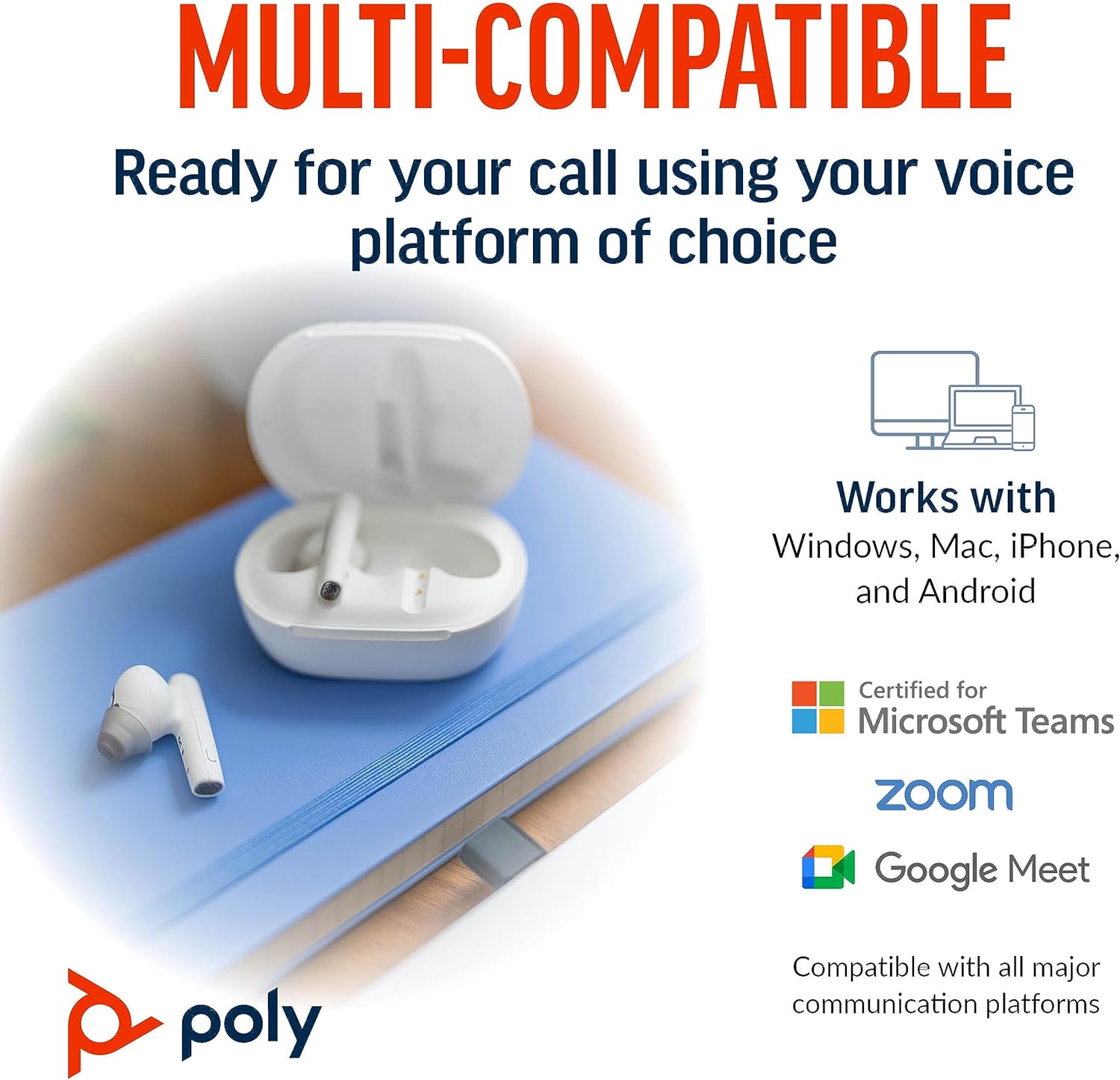 Voyager Free 60+ UC True Wireless Earbuds, Touchscreen Charge Case, USB-C, White, MS Teams Certified MPN 7Y8G8AA