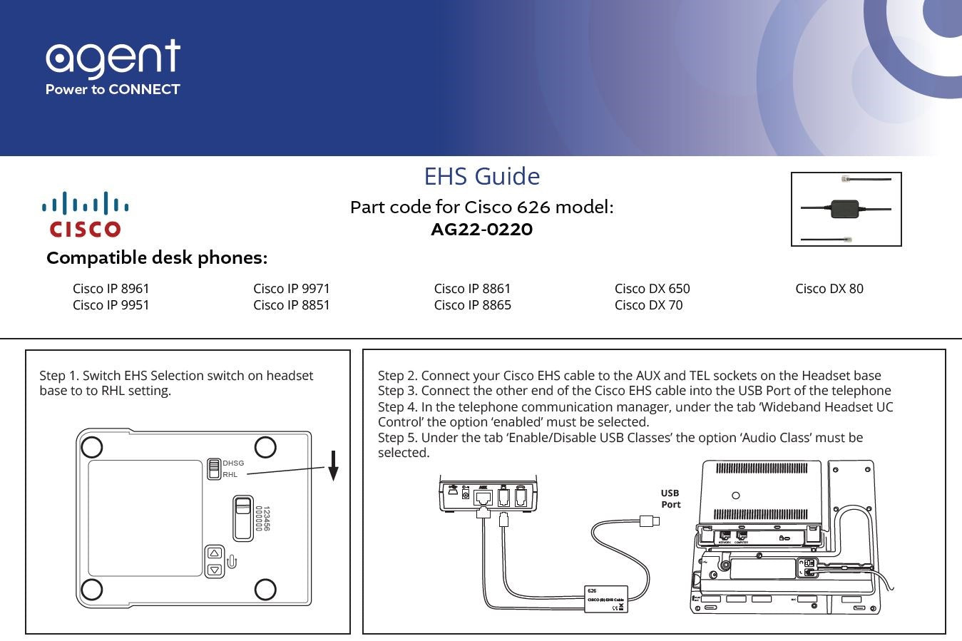 Cable TruVoice Agent 626 EHS para teléfonos Cisco de las series 88xx, 89xx y DX