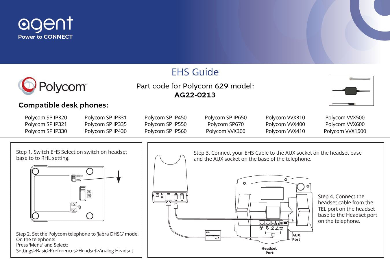 Cable adaptador TruVoice Agent 629 EHS para teléfonos Polycom