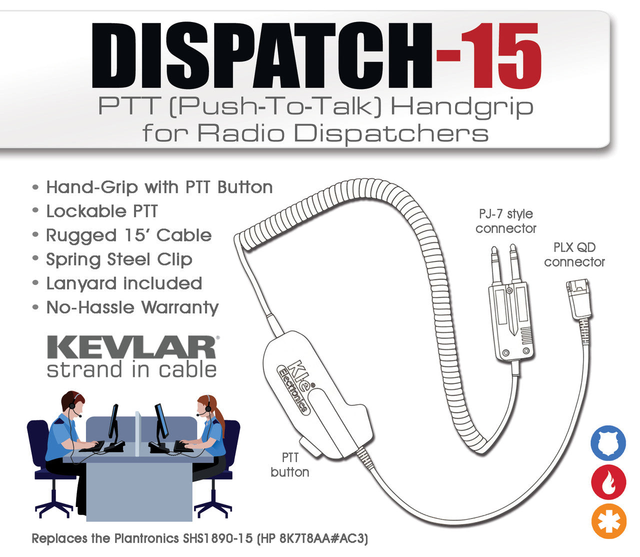 Dispatch-15 Push to Talk Adapter to PJ-7 2 Prong Connector (SHS1890 Replacement)