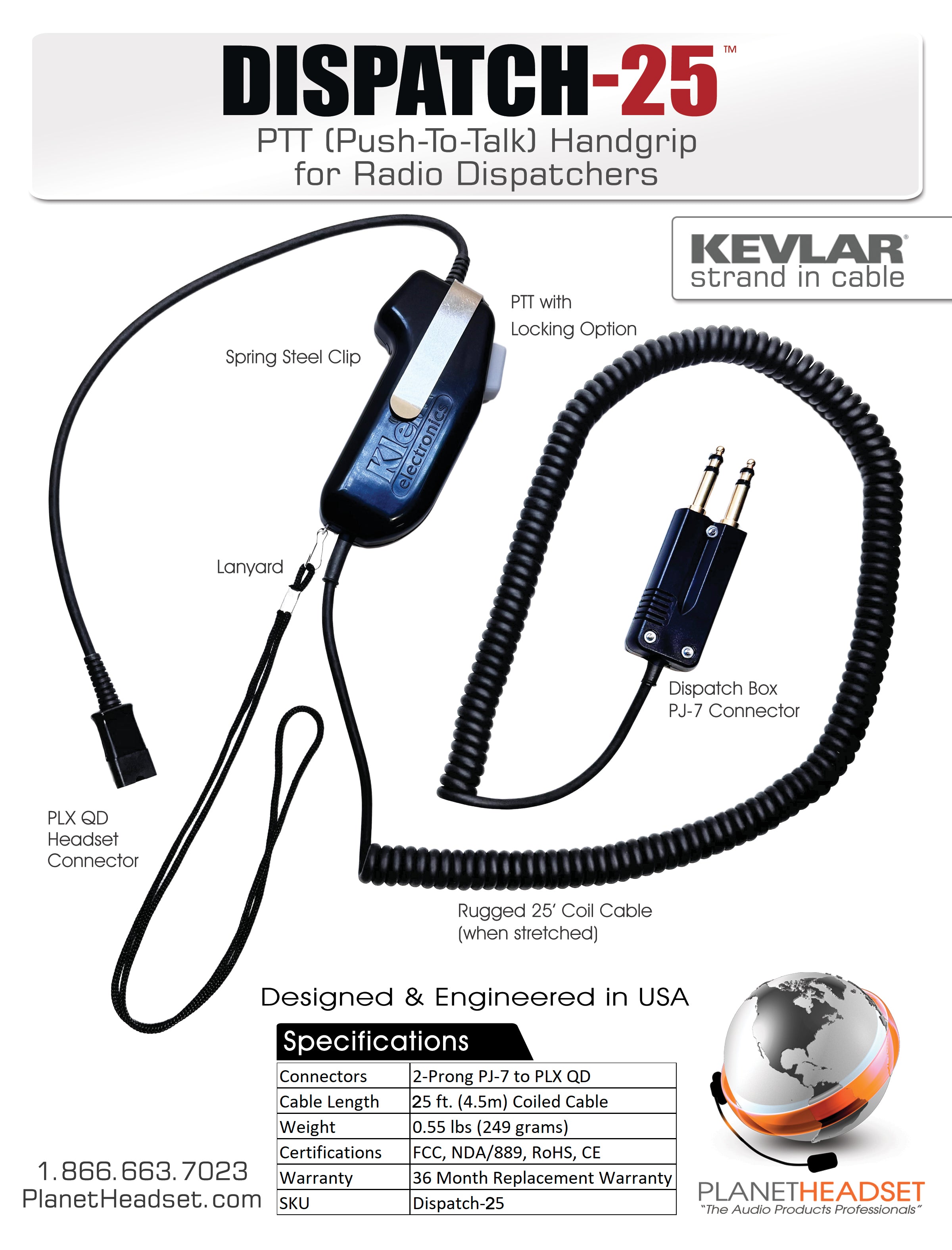 Dispatch-25 Push to Talk Adapter to PJ-7 2 Prong Connector (SHS1890 Replacement)
