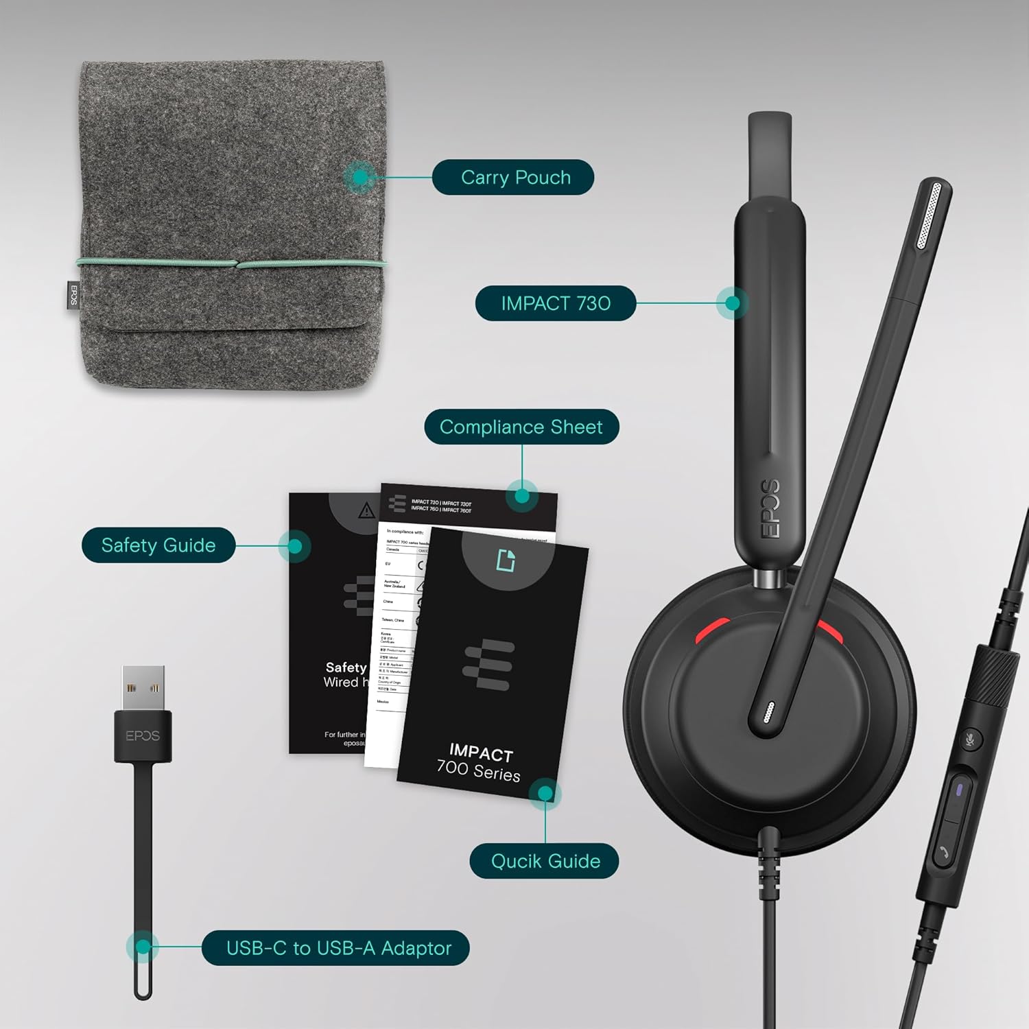 Epos IMPACT 730T Single Ear Wired Teams Headset with in-line control, includes USB-C to USB-A Adapter - MPN: 1001212