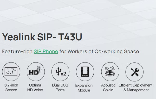 Yealink SIP-T43U 12- Line Unified Firmware Enhanced SIP Phone - MPN: 1301202