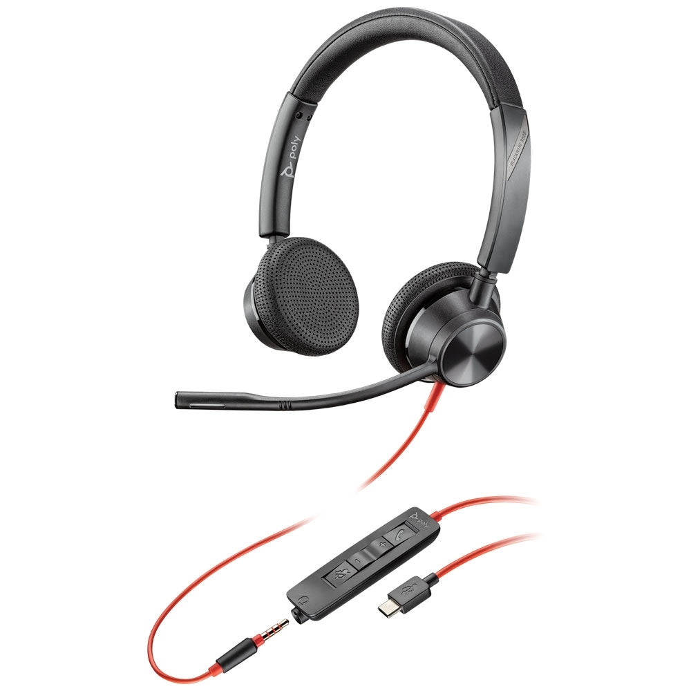 Auriculares estéreo Poly Blackwire 3325 con conector USB-C de 3,5 mm y adaptador USB-C/A.