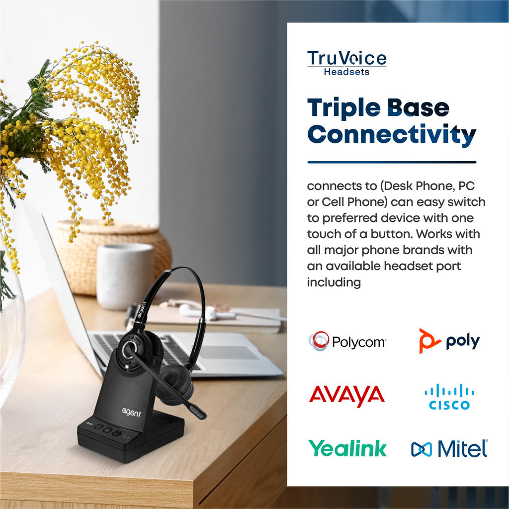 Computer Headset Agent TruVoice Agent AW80 Wireless DECT Headset - 3 in 1 Connectivity for ...