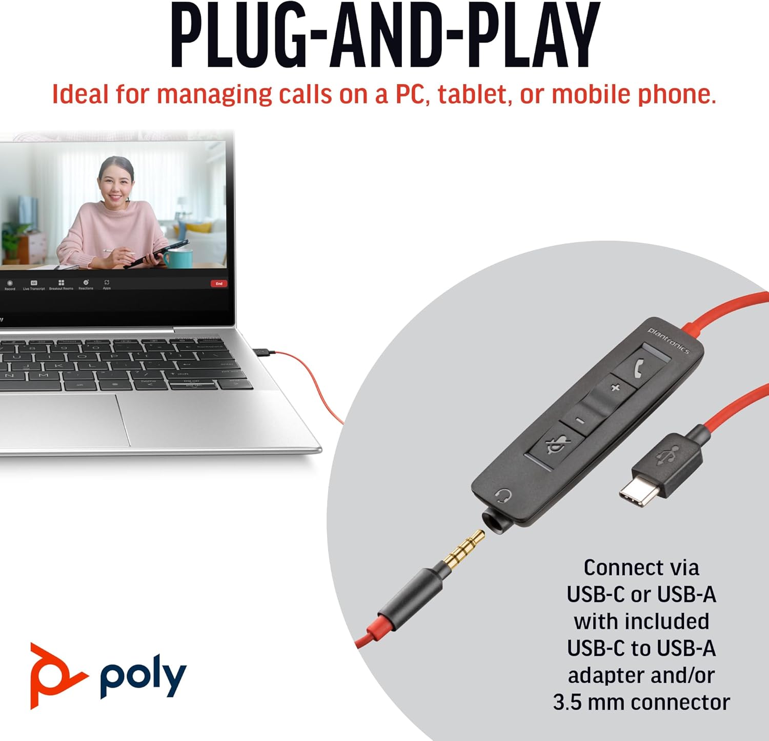 Poly / Plantronics Blackwire 3315-M USB-A/C and 3.5mm Mono Headset MPN 8X218AA