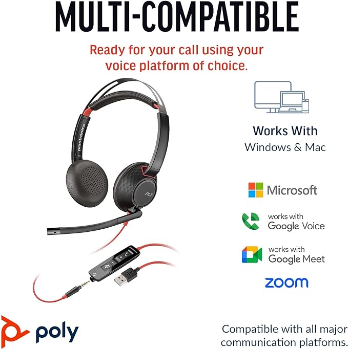 Poly / Plantronics Blackwire 5220 Binaural Headset With 3.5mm Connectivity (USB-C/A Adapter)
