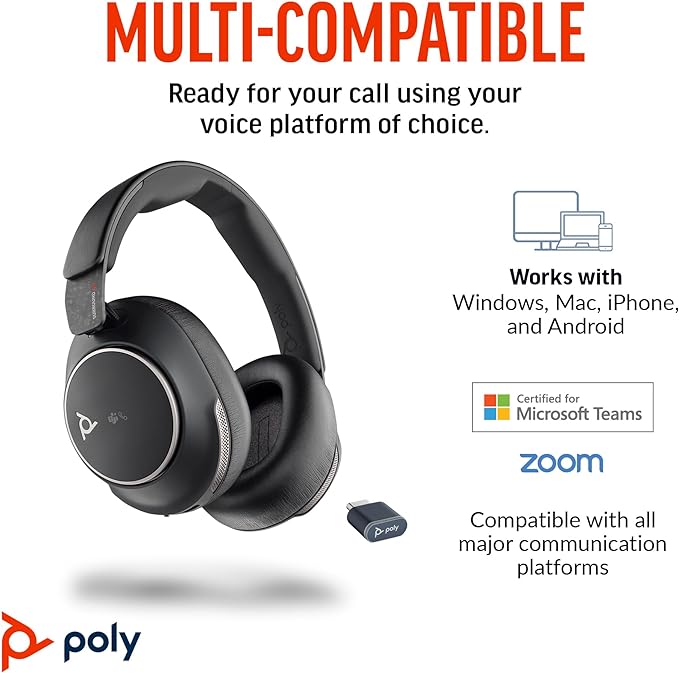 Poly Voyager Surround 85 Teams Noise Canceling Wireless Over-Ear Headset Wih Charging Stand (ANC)