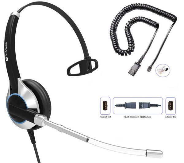 TruVoice HD-300 Single Ear Voice Tube Headset Including QD Cable for Polycom VVX and SoundPoint Models of Telephone